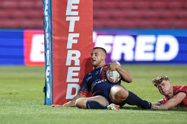 Mikey Lewis of Hull KR runs in a 50 yard solo try during the Betfred Super League Round 20 Salford Red Devils vs Hull KR at Salford Community Stadium, Eccles, United Kingdom, 31st July 2025

(Photo by Mark Cosgrove/News Images)