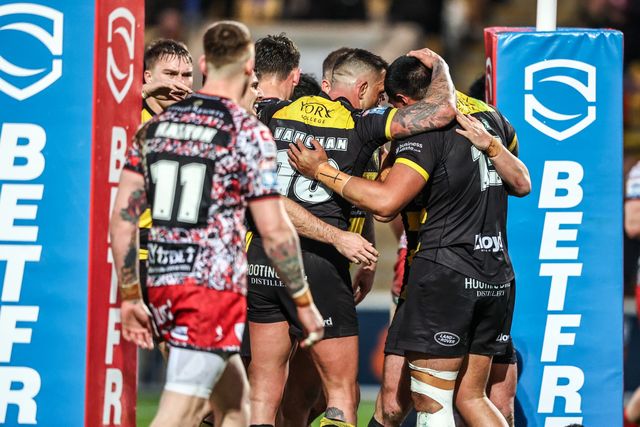 Xavier Va'a of York Knights celebrates his try during the Betfred Super League round 8 match York Knights vs Leigh Leopards at LNER Community Stadium, York, United Kingdom on 17 April 2026

(Photo by Alfie Cosgrove/News Images)