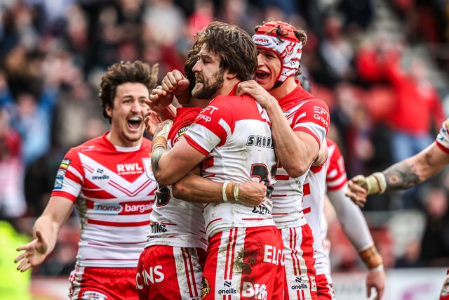 Bill Leyland of St Helens celebrates his try during the Betfred Super League round 7 match St Helens vs Wigan Warriors at The BrewDog Stadium, St Helens, United Kingdom on 03 April 2026

(Photo by Alfie Cosgrove/News Images)