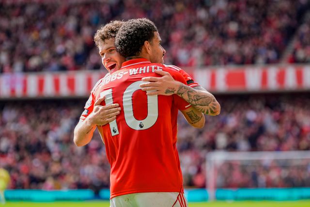 Morgan Gibbs-White of Nottingham Forest celebrates his hat-rick goal to make it  3-0 during the Premier League match Nottingham Forest vs Burnley at City Ground, Nottingham, United Kingdom on 19 April 2026

(Photo by Maynard Manyowa/News Images)