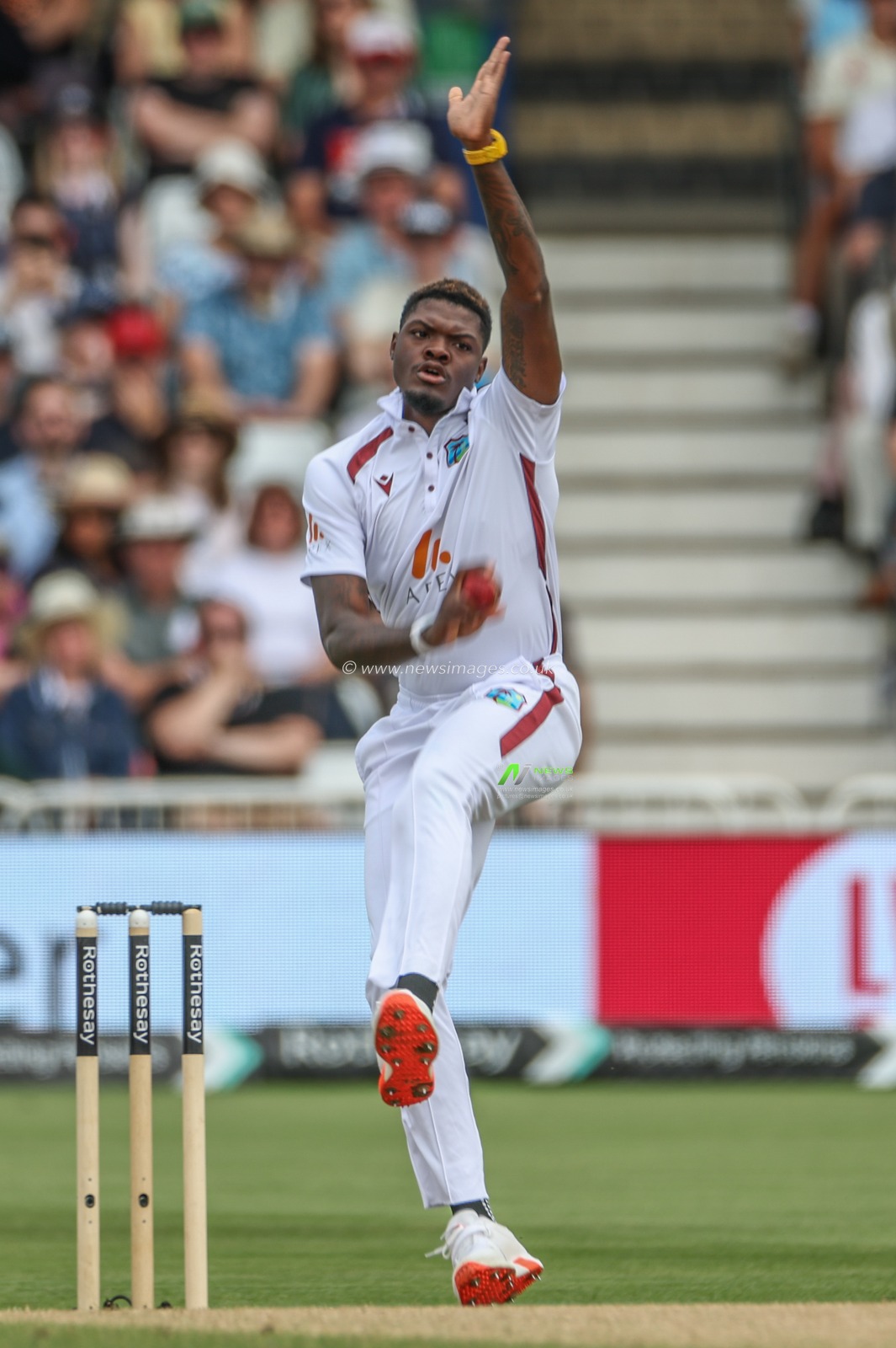 Alzarri Joseph of West Indies delivers the ball during the Rothesay Test Match day four match England vs West Indies at Trent Bridge, Nottingham, United Kingdom, 21st July 2024

(Photo by Mark Cosgrove/News Images)