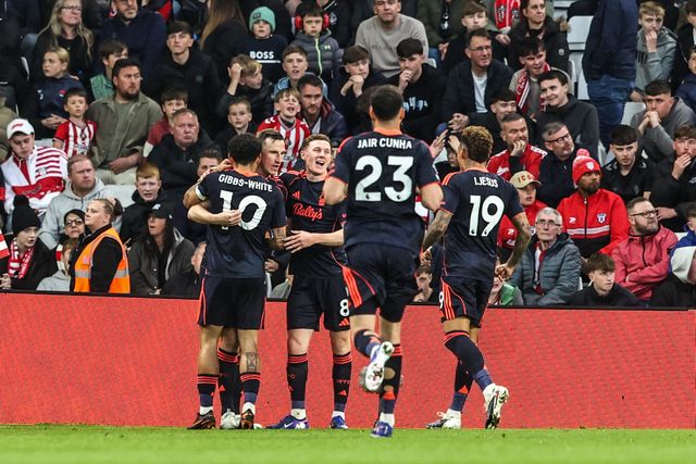 Chris Wood of Nottingham Forest celebrates his goal to make it 0-2 during the Premier League match Sunderland vs Nottingham Forest at Stadium Of Light, Sunderland, United Kingdom on 24 April 2026

(Photo by Alfie Cosgrove/News Images)