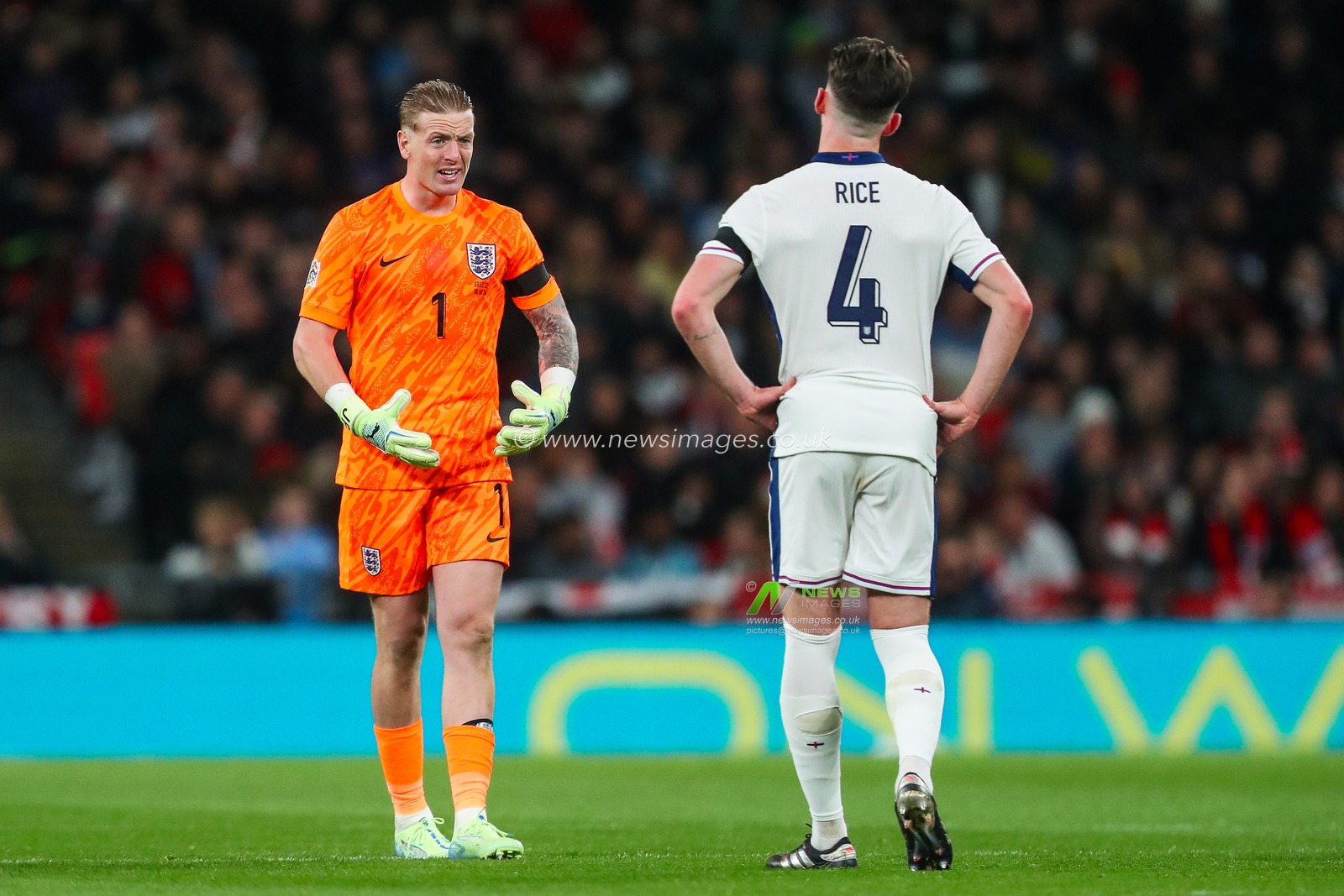 Jordan Pickford of England speaks to Declan Rice during the UEFA Nations League - League B - Group B2 - match England vs Greece at Wembley Stadium, London, United Kingdom, 10th October 2024

(Photo by Gareth Evans/News Images)