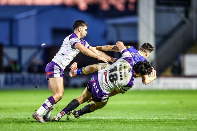 Josh Thewlis of Warrington Wolves is tackled by Isaiah Vagana of Wakefield Trinity during the Betfred Super League Round 3 match Warrington Wolves vs Wakefield Trinity at The Halliwell Jones Stadium, Warrington, United Kingdom on 28 February 2026

(Photo by Alfie Cosgrove/News Images)
