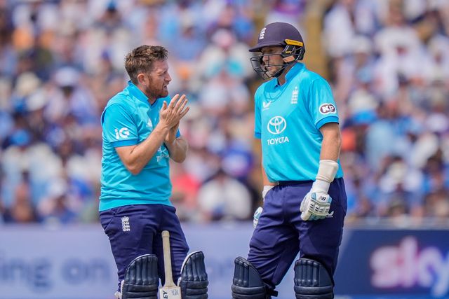 Liam Dawson of England and Joe Root of England celebrate a partnership milestone during the 1st Metro Bank ODI match England vs India at Edgbaston, Birmingham, United Kingdom on 14 July 2026

(Photo by Maynard Manyowa/News Images)
