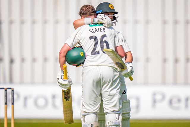 Ben Slater celebrates reaching 100 runs and scoring his century with Ben Duckett during Leicestershire County Cricket Club vs Nottinghamshire County Cricket Club in Country Cricket Division One Day 1 at Grace Road, Leicester, United Kingdom on 01 May 2026

(Photo by Maynard Manyowa/News Images)
