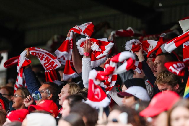 Arsenal fans celebrate the teams victory following the Barclays Women's Super League match West Ham United Women vs Arsenal Women at Chigwell Construction Stadium, Dagenham, United Kingdom, 20th October 2024

(Photo by Izzy Poles/News Images)