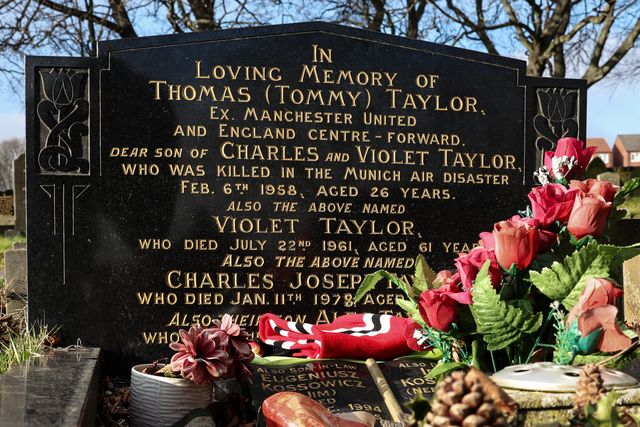 A general view of former Barnsley FC and Manchester United and England international forward Tommy Taylor grave and headstone 67 years after 23 passengers 8 of whom were Manchester United players sadly lost their lives in the Munich Air disaster on the 6th of February 1958;  Monk Bretton Cemetery, Monk Bretton, Barnsley, United Kingdom, 6th February 2025

(Photo by Mark Cosgrove/News Images)