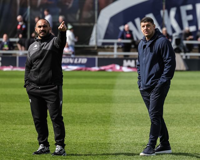Thomas Leuluai and Matt Peet head coach of Wigan Warriors arrive during the Betfred Challenge Cup Quarter Final match Wakefield Trinity vs Wigan Warriors at DIY Kitchens Stadium, Wakefield, United Kingdom on 12 April 2026

(Photo by Mark Cosgrove/News Images)