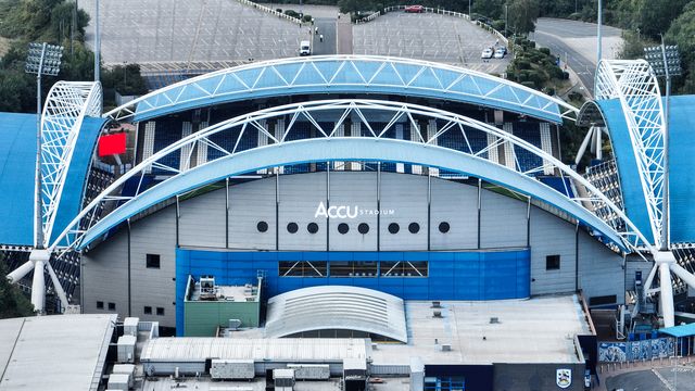 An aerial view of Accu Stadium ahead of the Betfred Super League Round 23 match Huddersfield Giants vs Warrington Wolves at Accu Stadium, Huddersfield, United Kingdom, 24th August 2025

(Photo by Alfie Cosgrove/News Images)