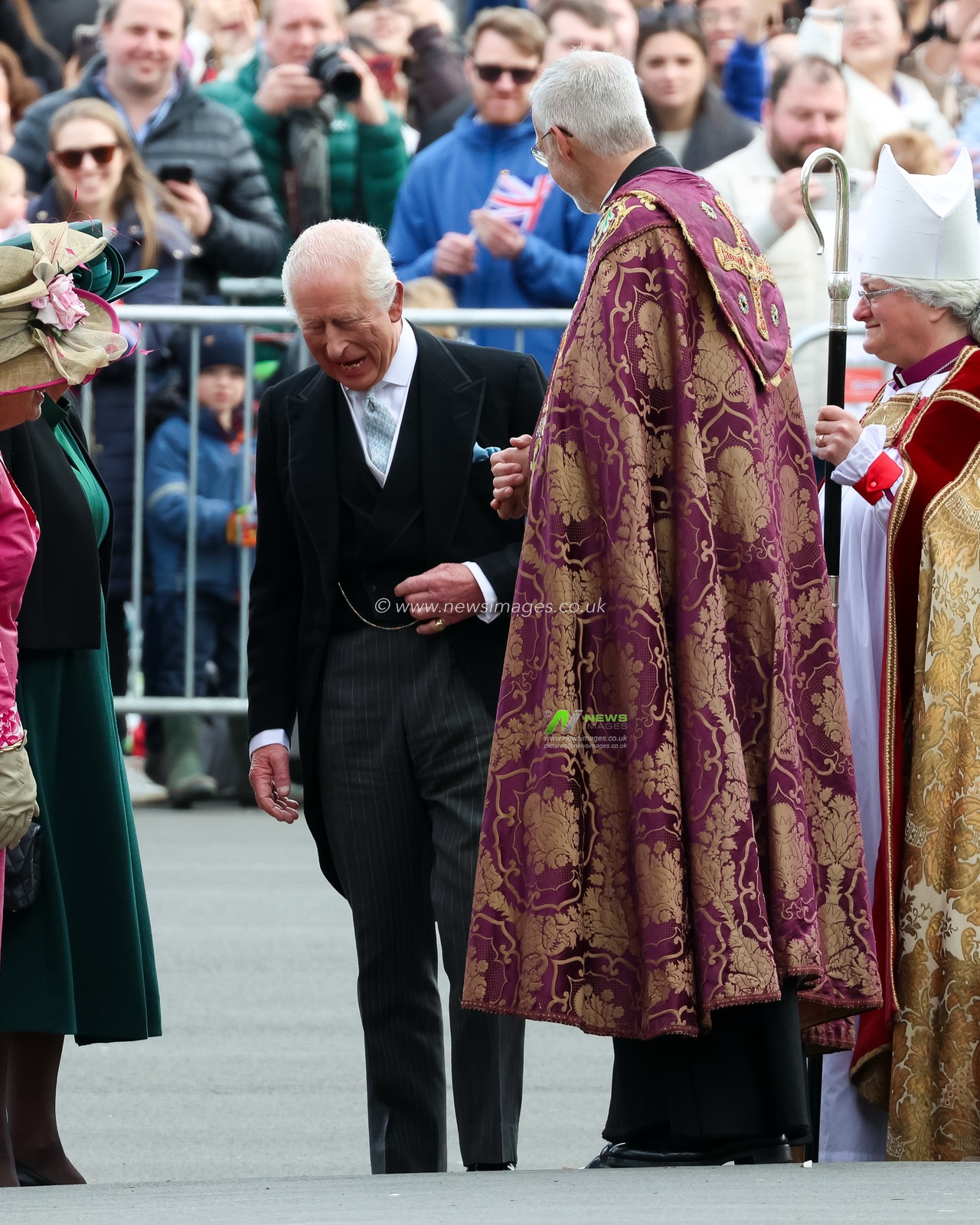 His Majesty The King shares a joke with Dean of Durham Cathedral, The Reverend Philip Plyming as His Majesty The King and Her Majesty The Queen attend the Royal Maundy Service at Durham Cathedral, Durham, United Kingdom, 17th April 2025

(Photo by Alex Roebuck/News Images)