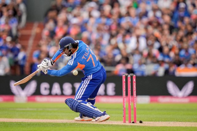 Tilak Varma of India hits a four during the Second Vitality T20 International match England vs India at Old Trafford, Manchester, United Kingdom on 04 July 2026

(Photo by Maynard Manyowa/News Images)