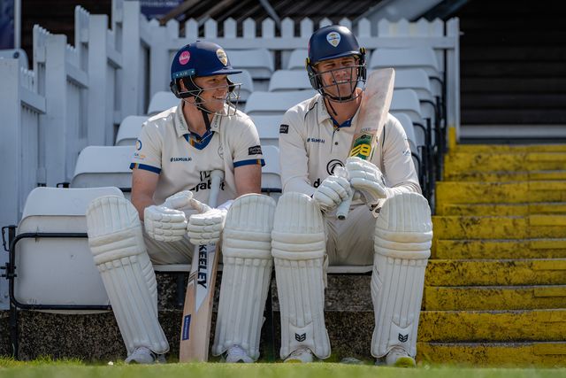Luis Reece of Derbyshire and Harry Came of Derbyshire  sit on a bench before walking out to open the batting during the County Championship Division Two Derbyshire vs Northamptonshire day one match at The Central Co-Op County Ground, Derby, United Kingdom on 08 May 2026

(Photo by Maynard Manyowa/News Images)