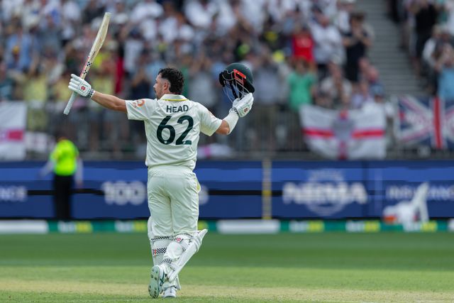 Travis Head of Australia raises bat after scoring a century during the NRMA Insurance Ashes First Test Day 2 Australia vs England at Optus Stadium, Perth, Australia, 22nd November 2025

(Photo by Santanu Banik/News Images)

*** GER AUT SUI OUT ***