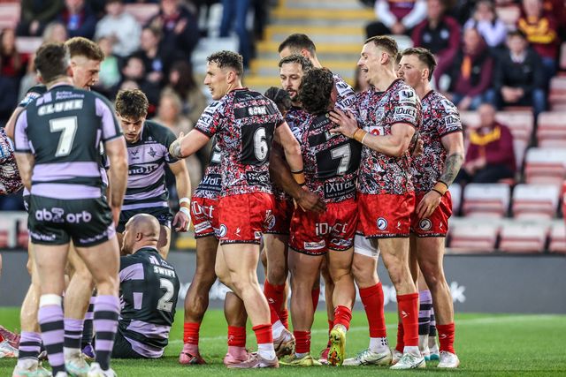 Lachlan Lam of Leigh Leopards celebrates his try during the Betfred Super League round 9 match Leigh Leopards vs Huddersfield Giants at Leigh Sports Village, Leigh, United Kingdom on 23 April 2026

(Photo by Alfie Cosgrove/News Images)