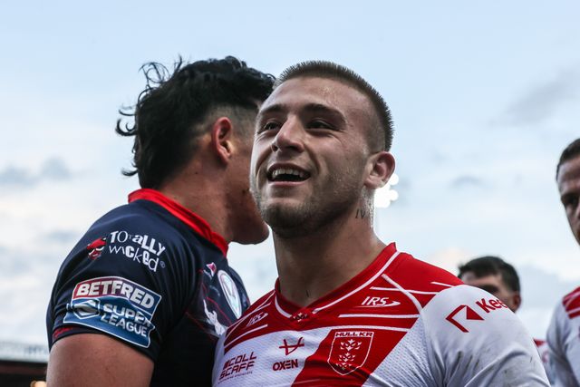 Mikey Lewis of Hull KR celebrates his try making it 6-0 during the Betfred Super League Semi Final 2 match Hull KR vs St Helens at Sewell Group Craven Park, Kingston upon Hull, United Kingdom, 3rd October 2025

(Photo by Alfie Cosgrove/News Images)
