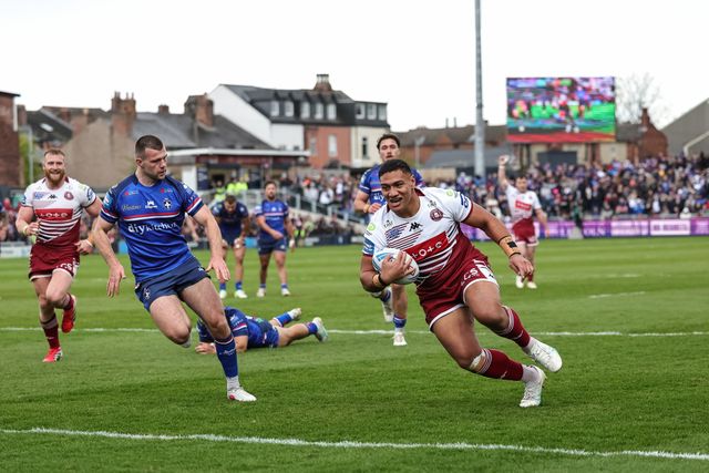 Patrick Mago of Wigan Warriors goes over for a try during the Betfred Challenge Cup Quarter Final match Wakefield Trinity vs Wigan Warriors at DIY Kitchens Stadium, Wakefield, United Kingdom on 12 April 2026

(Photo by Mark Cosgrove/News Images)