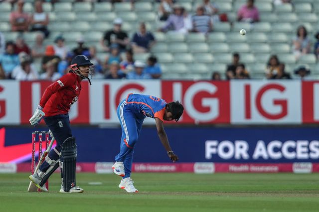 Arundhati Reddy of India delivers the ball during the 5th Vitality IT20 England Women vs India Women at Edgbaston, Birmingham, United Kingdom, 12th July 2025

(Photo by Izzy Poles/News Images)