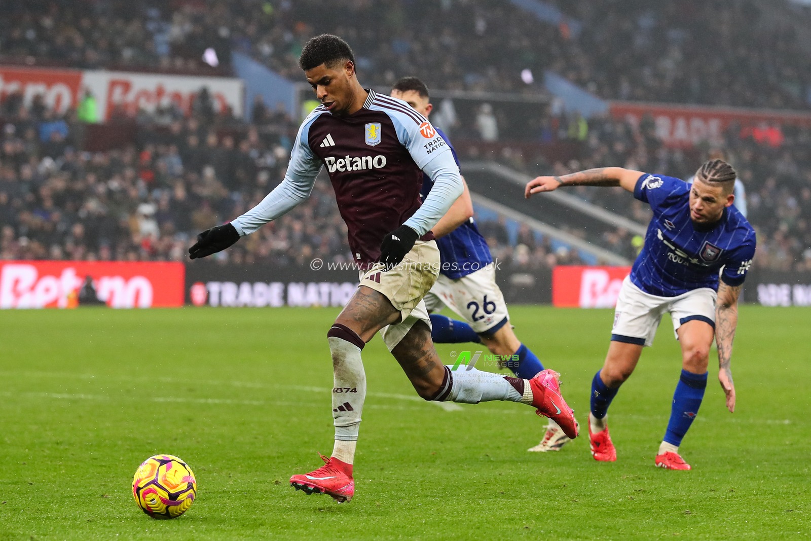 Marcus Rashford of Aston Villa goes forward with the ball during the Premier League match Aston Villa vs Ipswich Town at Villa Park, Birmingham, United Kingdom, 15th February 2025

(Photo by Gareth Evans/News Images)