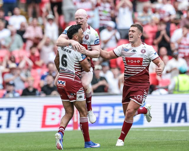 Bevan French of Wigan Warriors celebrates his try with Liam Farrell of Wigan Warriors during the Betfred Challenge Cup Final match Wigan Warriors vs Hull KR at Wembley Stadium, London, United Kingdom on 30 May 2026

(Photo by Mark Cosgrove/News Images)