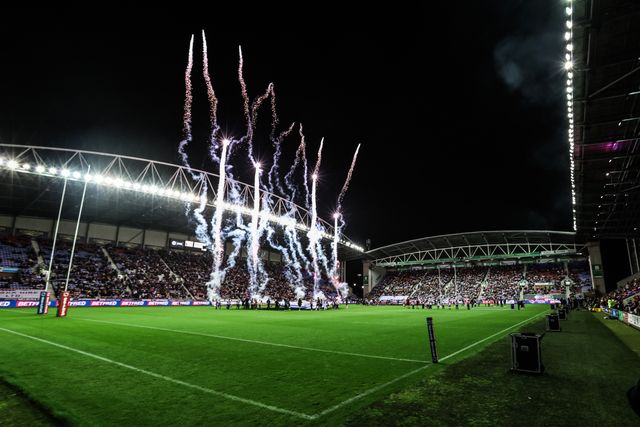 The pre-game firework and pyrotechnic display during the Betfred Super League round 27 match Wigan Warriors vs Leeds Rhinos at The Brick Community Stadium, Wigan, United Kingdom, 19th September 2025

(Photo by Alfie Cosgrove/News Images)