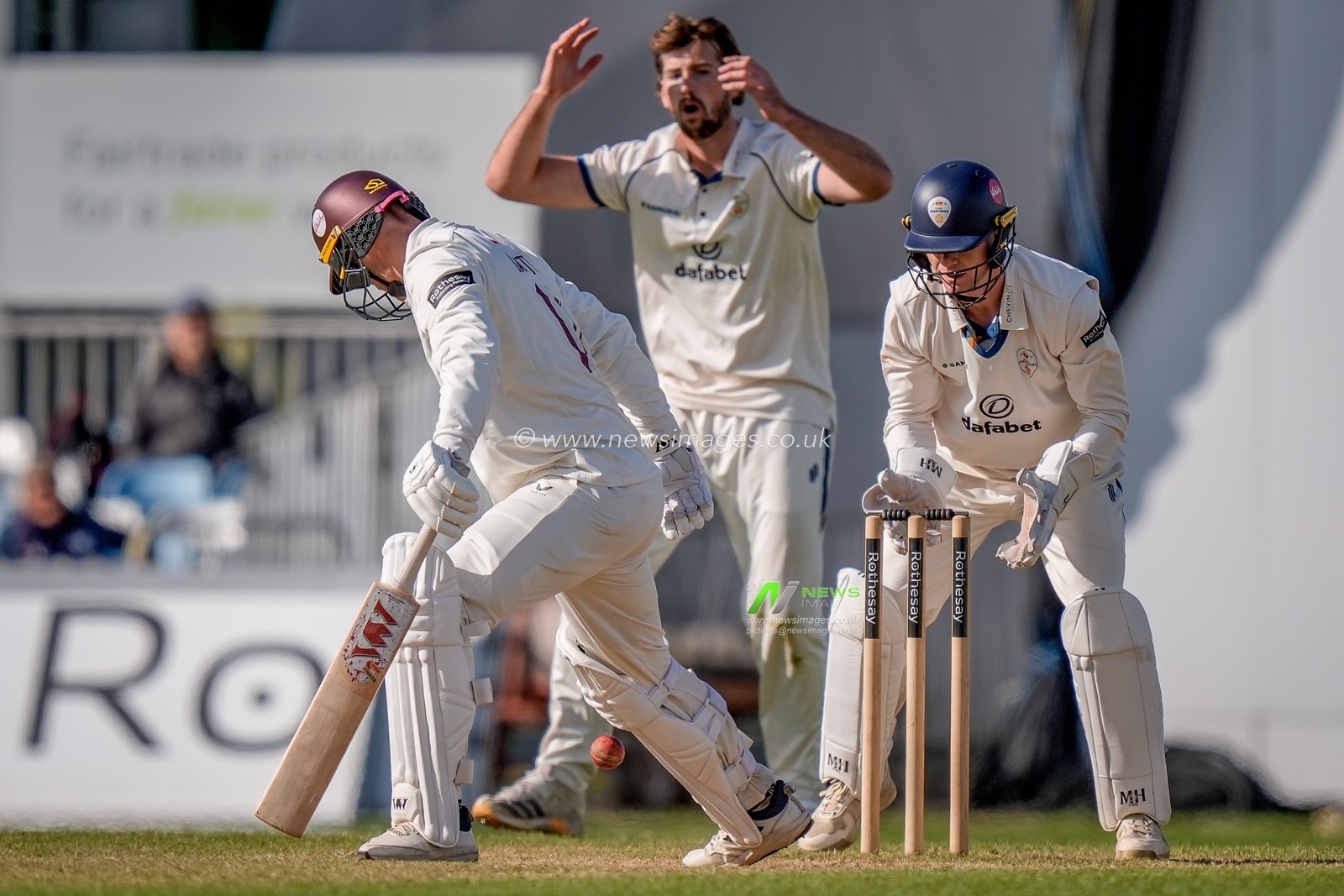 Debryshire players react after George Bartlett plays and misses during the County Championship Division Two Derbyshire vs Northamptonshire day four match at The Central Co-Op County Ground, Derby, United Kingdom on 11 May 2026

(Photo by Maynard Manyowa/News Images)