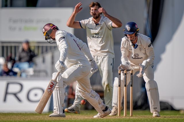 Debryshire players react after George Bartlett plays and misses during the County Championship Division Two Derbyshire vs Northamptonshire day four match at The Central Co-Op County Ground, Derby, United Kingdom on 11 May 2026

(Photo by Maynard Manyowa/News Images)