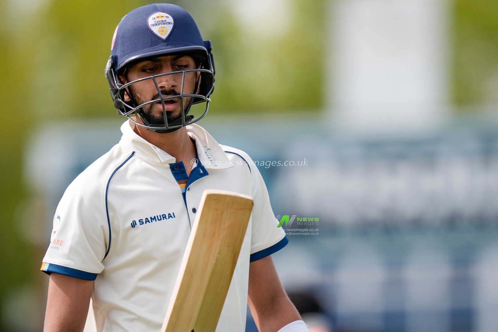 Shoaib Bashir walks off after being given out LBW off the bowling of Graeme van Buuren as Gloucestershire players celebrate a wicket during the County Championship Division Two Derbyshire v Gloucestershire at The Central Co-Op County Ground, Derby, United Kingdom on 26 April 2026

(Photo by Maynard Manyowa/News Images)