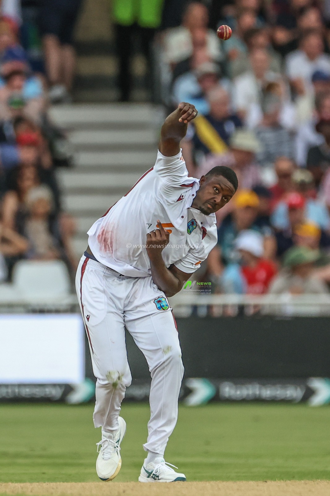Jason Holder of West Indies delivers the ball during the Rothesay Test Match day three England vs West Indies at Trent Bridge, Nottingham, United Kingdom, 20th July 2024

(Photo by Mark Cosgrove/News Images)