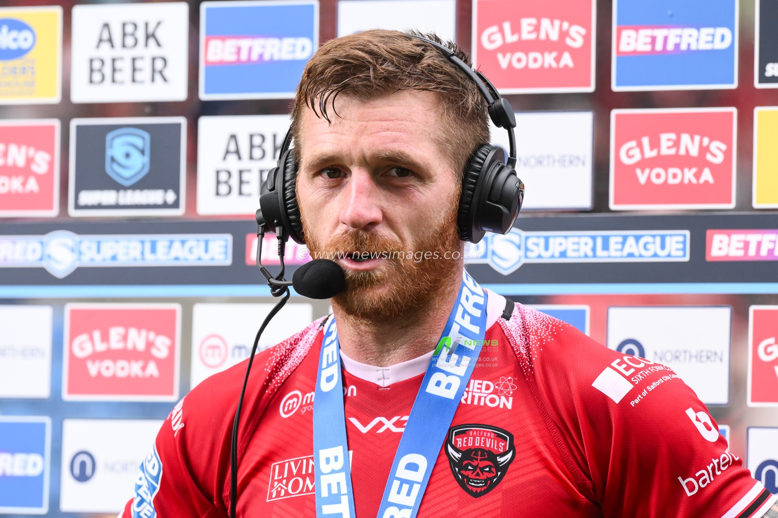 Marc Sneyd of Salford Red Devils todays man of the match during the post match interview during the Betfred Super League Round 16 match Salford Red Devils vs Hull FC at Salford Community Stadium, Eccles, United Kingdom, 7th July 2024

(Photo by Craig Thomas/News Images)