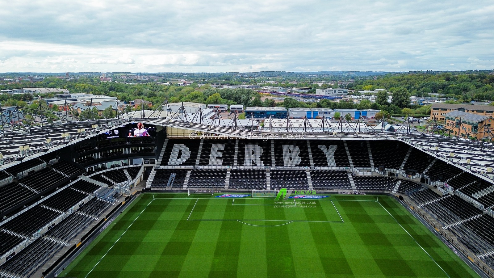 A general view of the stadium from the sky during the Sky Bet Championship match Derby County vs West Bromwich Albion at Pride Park Stadium, Derby, United Kingdom on 09 September 2026

(Photo by Maynard Manyowa/News Images)