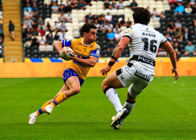 Brodie Croft of Leeds Rhinos in action  during the Betfred Super League Round 24 match Hull FC vs Leeds Rhinos at MKM Stadium, Hull, United Kingdom, 30th August 2025

(Photo by Richard Bierton/News Images)