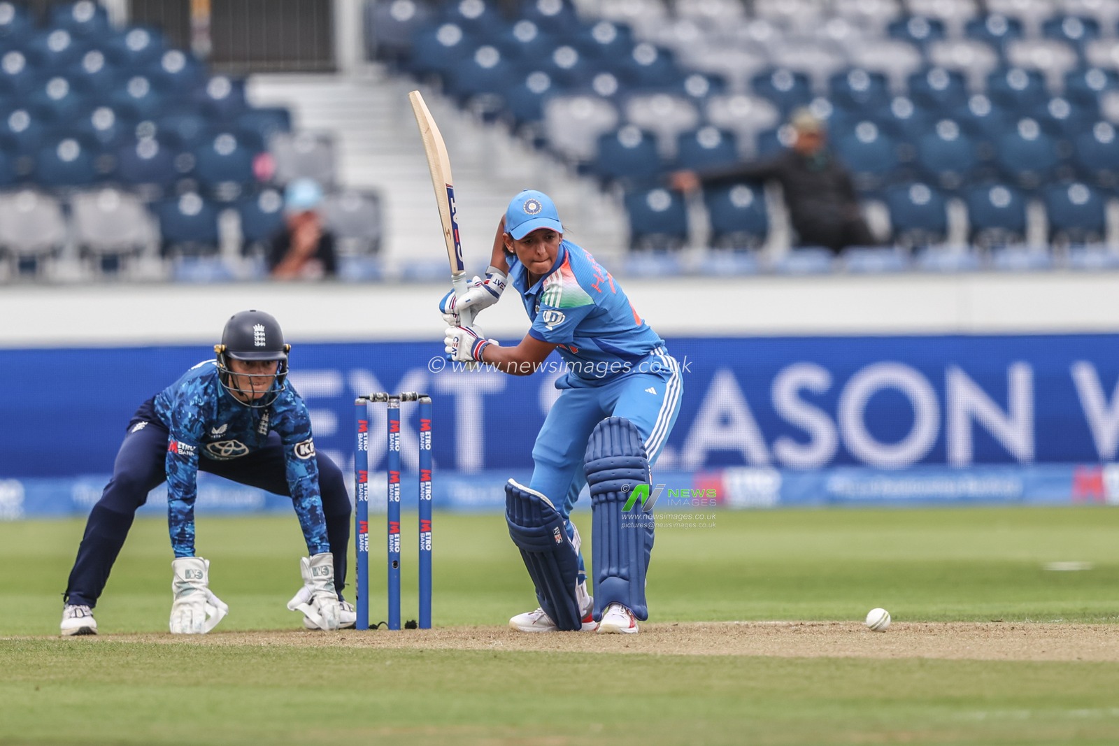 Harmanpreet Kaur of India plays a shot during the 3rd Metro Bank One Day International England Women vs India Women at Banks Homes Riverside Stadium, Chester-le-street, United Kingdom, 22nd July 2025

(Photo by Alfie Cosgrove/News Images)