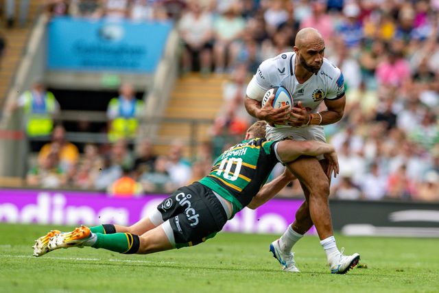 Olly Woodburn of Exeter Chiefs tackled by Fin Smith of Northampton Saints during the Gallagher PREM Final match Northampton Saints vs Exeter Chiefs at Allianz Stadium, Twickenham, United Kingdom on 20 June 2026.

(Photo by Alex Williamson/News Images)
