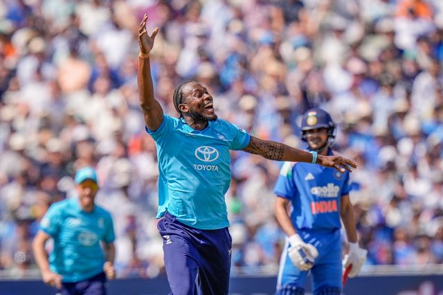 Jofra Archer of England celebrates taking the wicket of Virat Kohli of India during the 1st Metro Bank ODI match England vs India at Edgbaston, Birmingham, United Kingdom on 14 July 2026

(Photo by Maynard Manyowa/News Images)