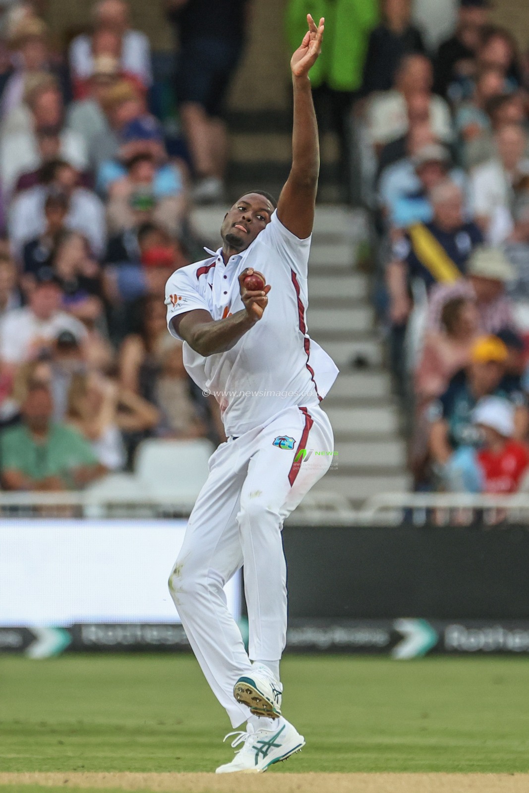 Jason Holder of West Indies delivers the ball during the Rothesay Test Match day three England vs West Indies at Trent Bridge, Nottingham, United Kingdom, 20th July 2024

(Photo by Mark Cosgrove/News Images)