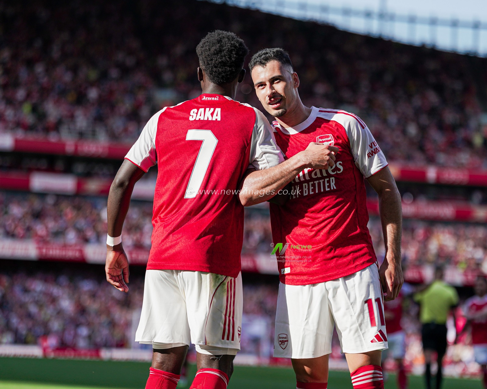 Bukayo Saka of Arsenal and Gabriel Martinelli of Arsenal celebrate second goal during the Pre-season friendly match Arsenal vs Athletic Bilbao at Emirates Stadium, London, United Kingdom, 9th August 2025

(Photo by Harvey Murphy/News Images)