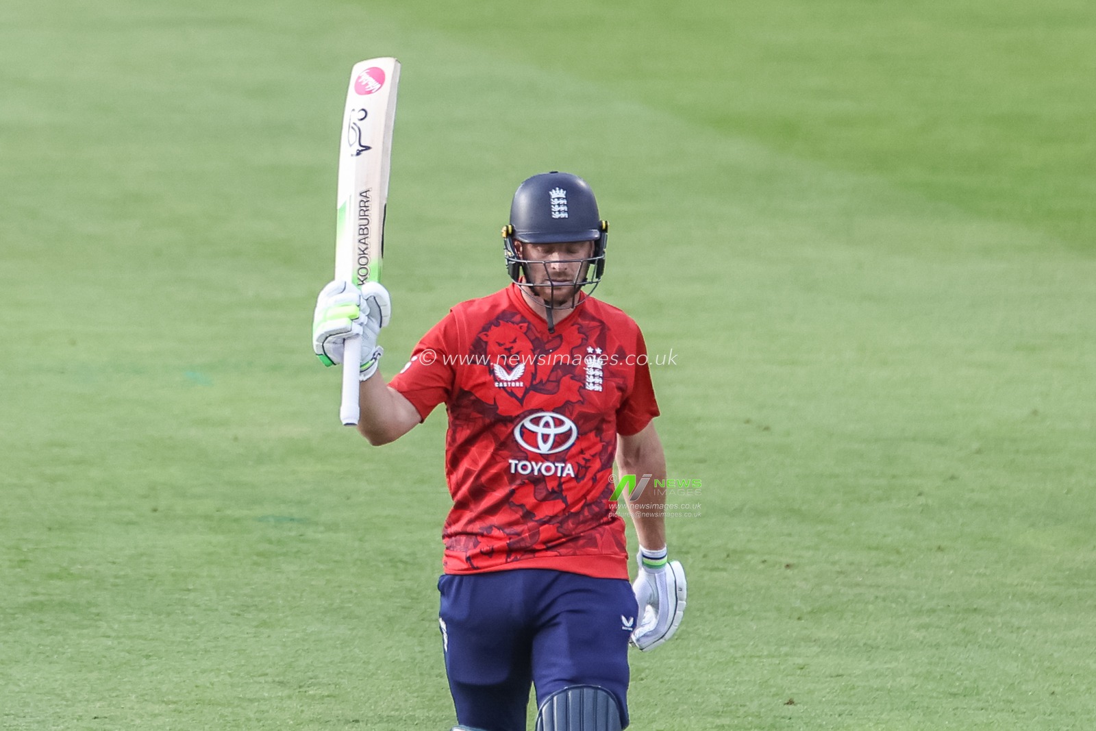 Jos Buttler of England celebrates a half century (50 runs) during the 1st Vitality T20 International Series England v West Indies at Banks Homes Riverside Stadium, Chester-le-street, United Kingdom, 6th June 2025

(Photo by Mark Cosgrove/News Images)