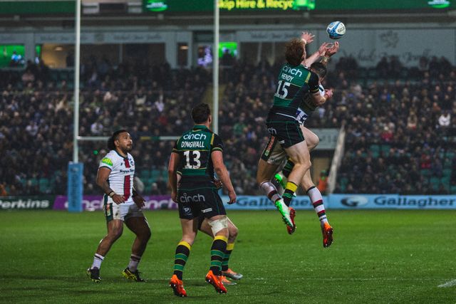 George Hendy and Freddie Steward both challenge for a high ball during the Gallagher Premiership match Northampton Saints vs Leicester Tigers at Cinch Stadium at Franklin's Gardens, Northampton, United Kingdom, 21st March 2025

(Photo by Craig Evans/News Images)