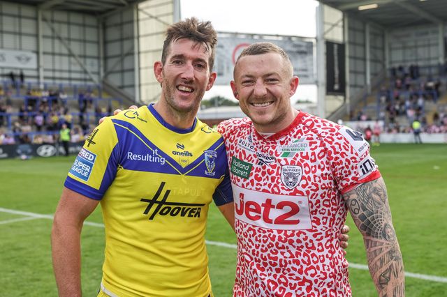 Josh Charley of Leigh Leopards embraces former team mate Stefan Ratchford of Warrington Wolves on his last ever home game as he announces his retirement during the Betfred Super League Round 25 match Warrington Wolves vs Leigh Leopards at Halliwell Jones Stadium, Warrington, United Kingdom, 6th September 2025

(Photo by Mark Cosgrove/News Images)