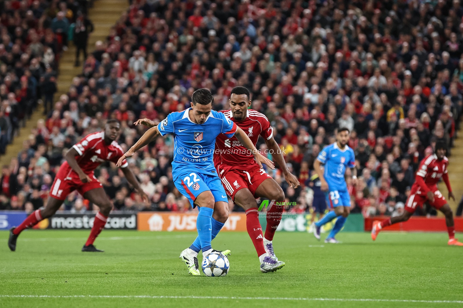 Giacomo Raspadori of Atletico Madrid holds the ball Ryan Gravenberch of Liverpool during the UEFA Champions League, League Stage Liverpool vs Atletico Madrid at Anfield, Liverpool, United Kingdom, 17th September 2025

(Photo by Alfie Cosgrove/News Images)