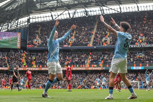 Erling Haaland of Manchester City celebrates his hat-trick as he makes it 4-0 during the Emirates FA Cup Quarter-Final match Manchester City vs Liverpool at Etihad Stadium, Manchester, United Kingdom on 04 April 2026

(Photo by Mark Cosgrove/News Images)