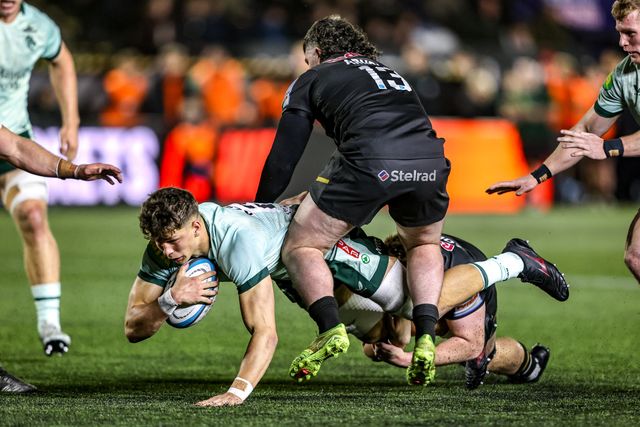 Harry Palmer of Leicester Tigers is tackled during the Premiership Rugby Cup match Newcastle Red Bulls vs Leicester Tigers at Kingston Park, Newcastle, United Kingdom, 31st October 2025

(Photo by Alfie Cosgrove/News Images)

*** GER AUT SUI OUT ***
