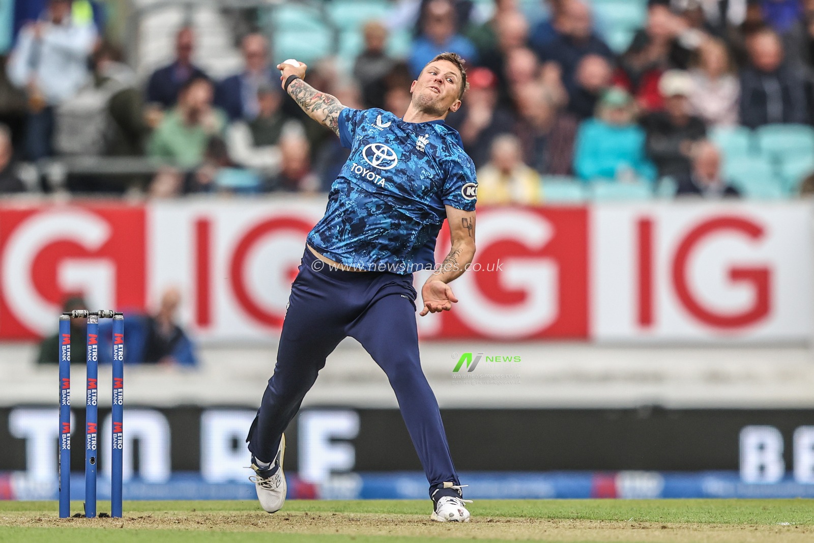 Brydon Carse of England delivers the ball during the 3rd Metro Bank ODI England v West Indies at The Kia Oval, London, United Kingdom, 3rd June 2025

(Photo by Alfie Cosgrove/News Images)
