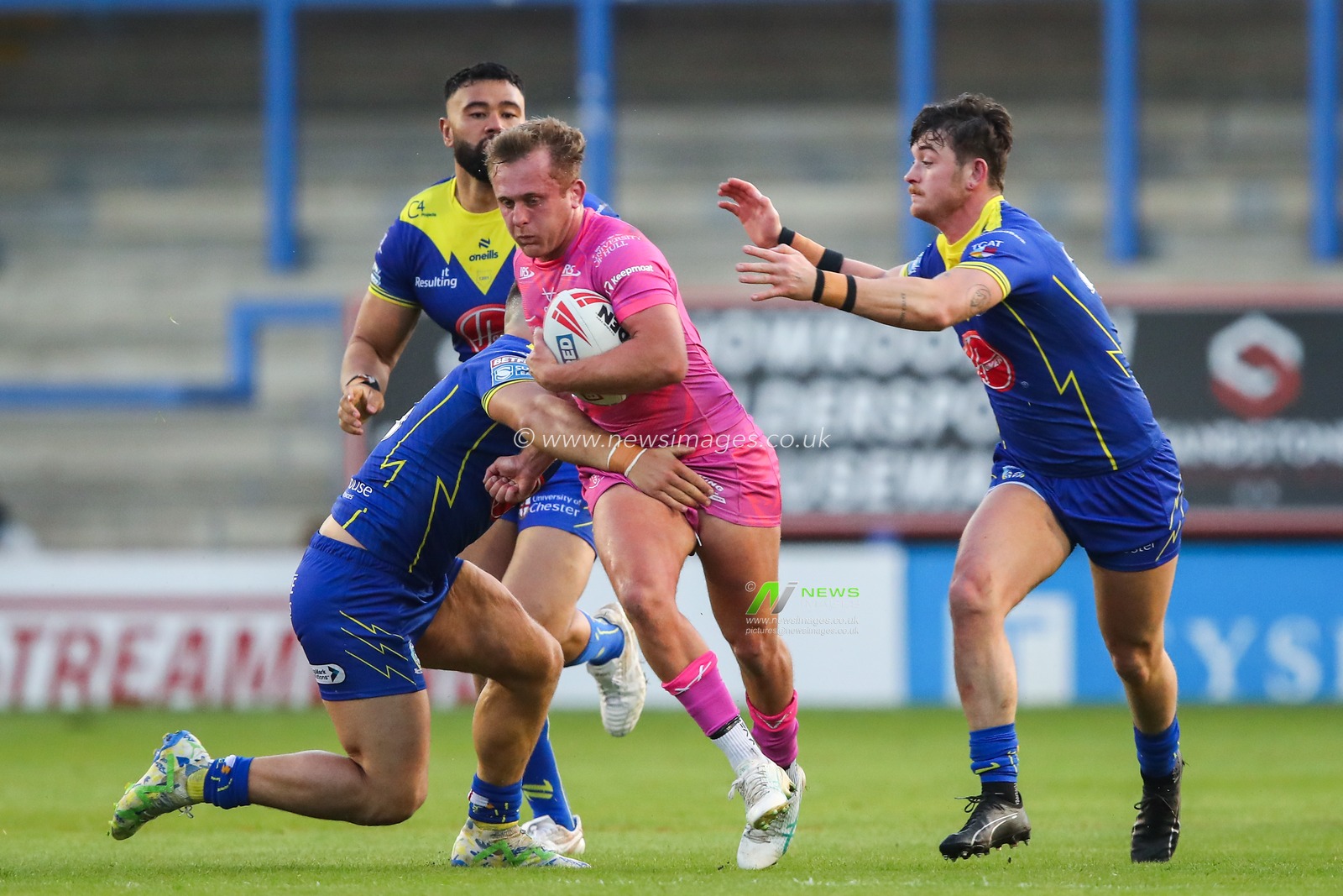 Jez Litten of Hull KR is tackled during the Betfred Super League Round 11 match Warrington Wolves vs Hull KR at Halliwell Jones Stadium, Warrington, United Kingdom, 9th May 2024

(Photo by Gareth Evans/News Images)