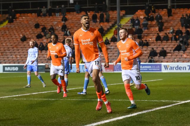 Ashley Fletcher of Blackpool celebrates his goal to make it 1-1 during the Sky Bet League 1 match Blackpool vs Cambridge United at Bloomfield Road, Blackpool, United Kingdom, 11th March 2025

(Photo by Craig Thomas/News Images)