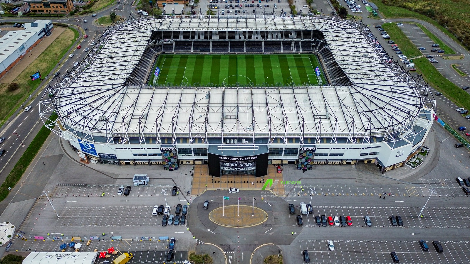 A general view of the stadium from the sky during the Sky Bet Championship match Derby County vs West Bromwich Albion at Pride Park Stadium, Derby, United Kingdom on 09 September 2026

(Photo by Maynard Manyowa/News Images)