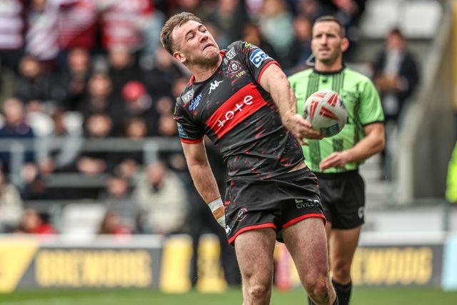 Harry Smith of Wigan Warriors celebrates his try during the Betfred Super League round 7 match St Helens vs Wigan Warriors at The BrewDog Stadium, St Helens, United Kingdom on 03 April 2026

(Photo by Alfie Cosgrove/News Images)