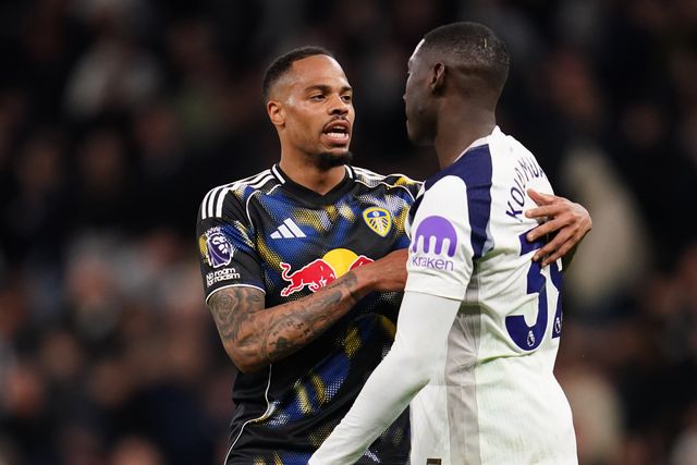 Lukas Nmecha of Leeds United and Randal Kolo Muani of Tottenham Hotspur at full time during the Premier League match Tottenham Hotspur vs Leeds United at Tottenham Hotspur Stadium, London, United Kingdom on 11 May 2026

(Photo by Harvey Murphy/News Images)