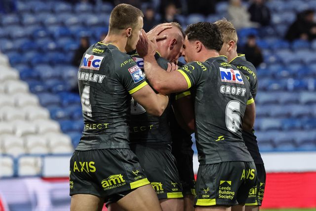 Jarrod O'Connor of Leeds Rhinos celebrates his try during the Betfred Super League round 8 match Huddersfield Giants vs Leeds Rhinos at Accu Stadium, Huddersfield, United Kingdom on 17 April 2026

(Photo by Mark Cosgrove/News Images)